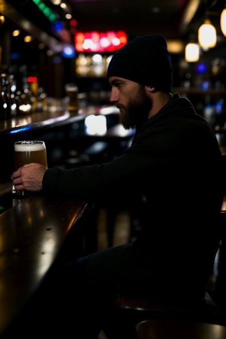 a man sitting alone at a bar, beart, worn beanie, side view, big beer, hands in pockets<lora:nighttime_v1:1.0>