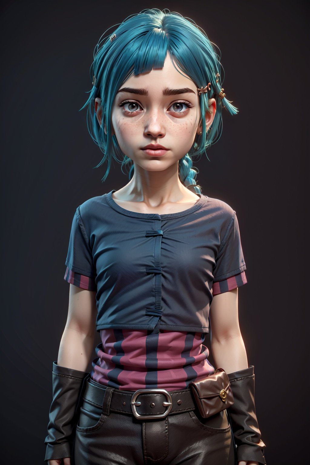 3dmm style, 1girl, (tiny breasts: 1.3), masterpiece, best quality, highest quality, photorealistic, cowboy shot, perfect anatomy, perfect face, perfect eyes, powder from arcane, 11 years old girl, (blue hair), (cutting hair:0.75), (bob hairstyle:0.50), (big hair:0.75), (unusual hairstyle:0.50), bangs, (hairclip), (hair ornament), x hair ornament, (hairpins), short hair, (simple short tied braid hair), (grey eyes), freckles, (natural lips), (child lips),3DMM, <lora:EMS-26740-EMS:0.6>, <lora:EMS-11906-EMS:0.6>