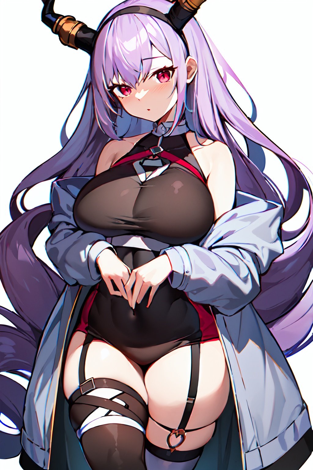 masterpiece, best quality, high resolution, typhon, 1girl, solo, huge breasts, simple background, (small girl), dragon horns, very long hair, hairband, purple hair, red eyes, black shirt, black shorts, garter straps, grey coat, off shoulder, open coat, (asymmetrical legwear, single thighhigh:1.2), thigh strap