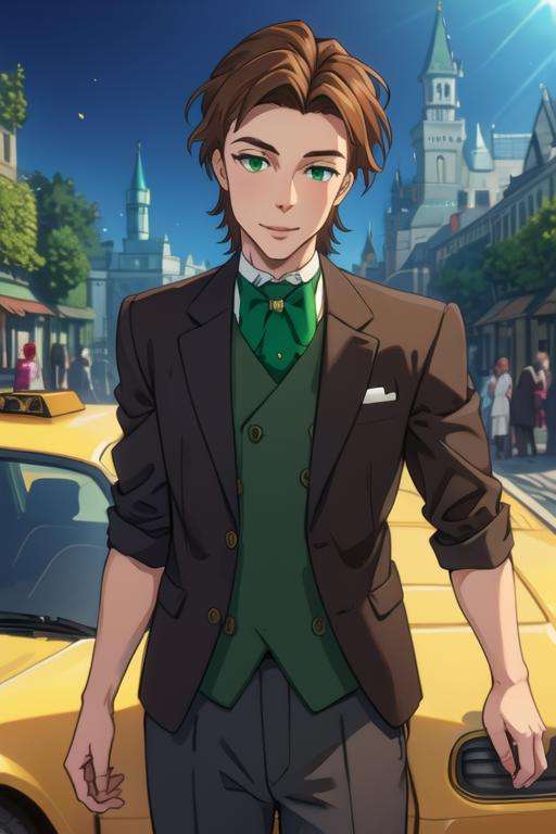 masterpiece, best quality, photorealistic, 1boy, solo, male focus, looking at viewer, , depth of field, <lora:albert_james_moriarty:0.66>, albert_james_moriarty, brown hair, green eyes, taxi driver costume, A magical kingdom where everything is perfect and everyone is happy,