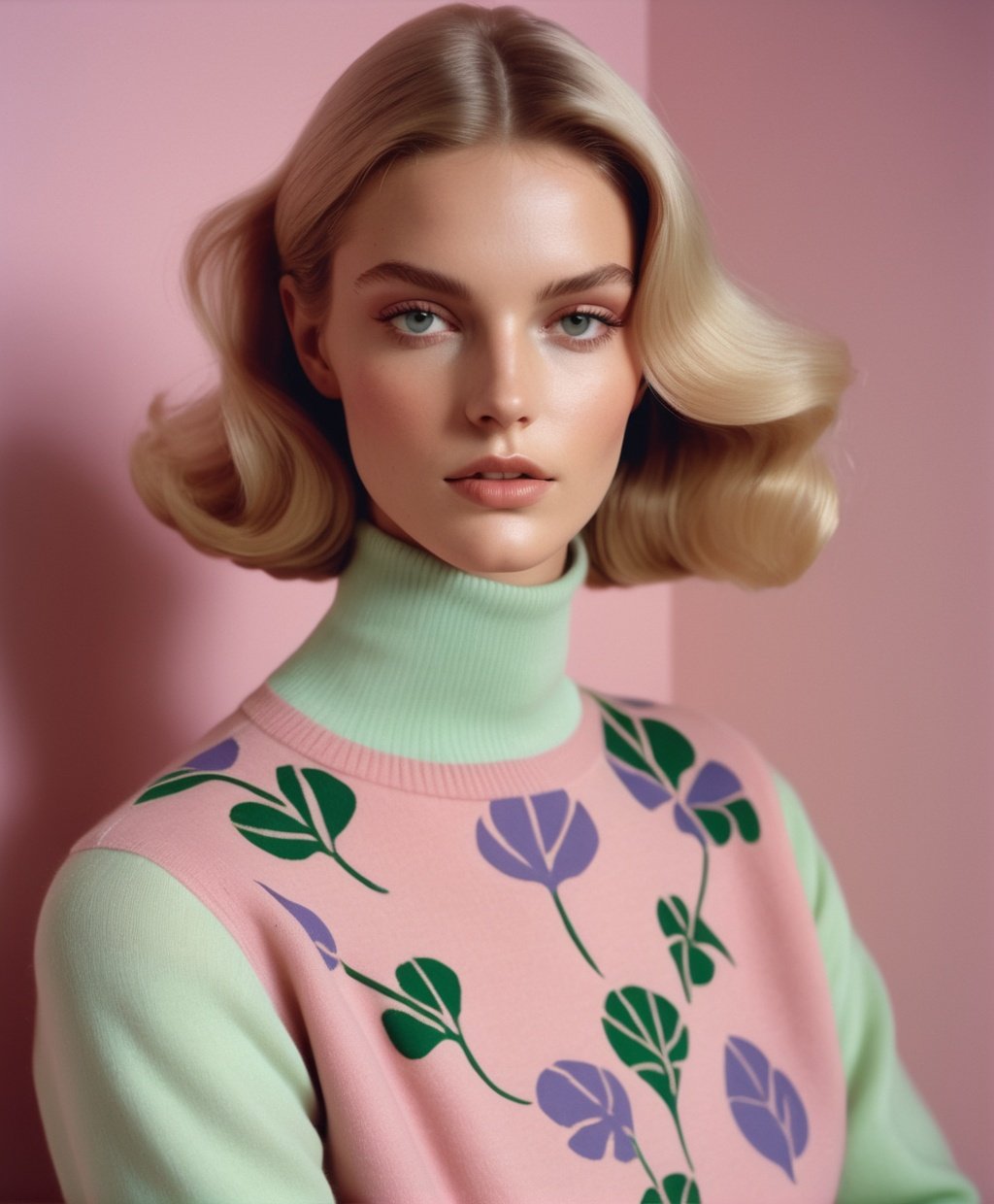 a Norwegian Gucci model in a photoshoot in 1975, her retro jumper has a print of organic Henri Matisse’s leaf shapes, she has short 70s hair, photo from waist up, pastel retro colours like pink and lilac and mint, 1970s Vogue Magazine, dramatic model pose, gucci beauty ad, cinematic photo,