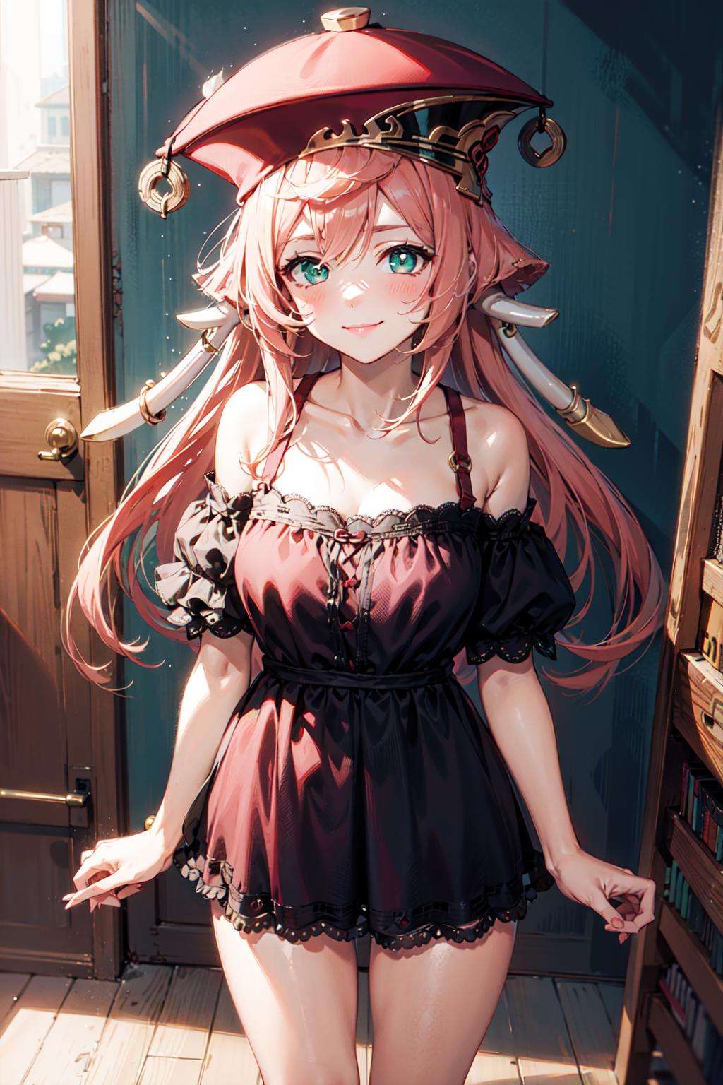 1girl, long hair, pink hair, green eyes, red hat, antlers,  black dress, bare shoulders, mature female,   <lora:yanfei-03:0.8>, standing, smile, blush, facing viewer, collarbone:1.5 