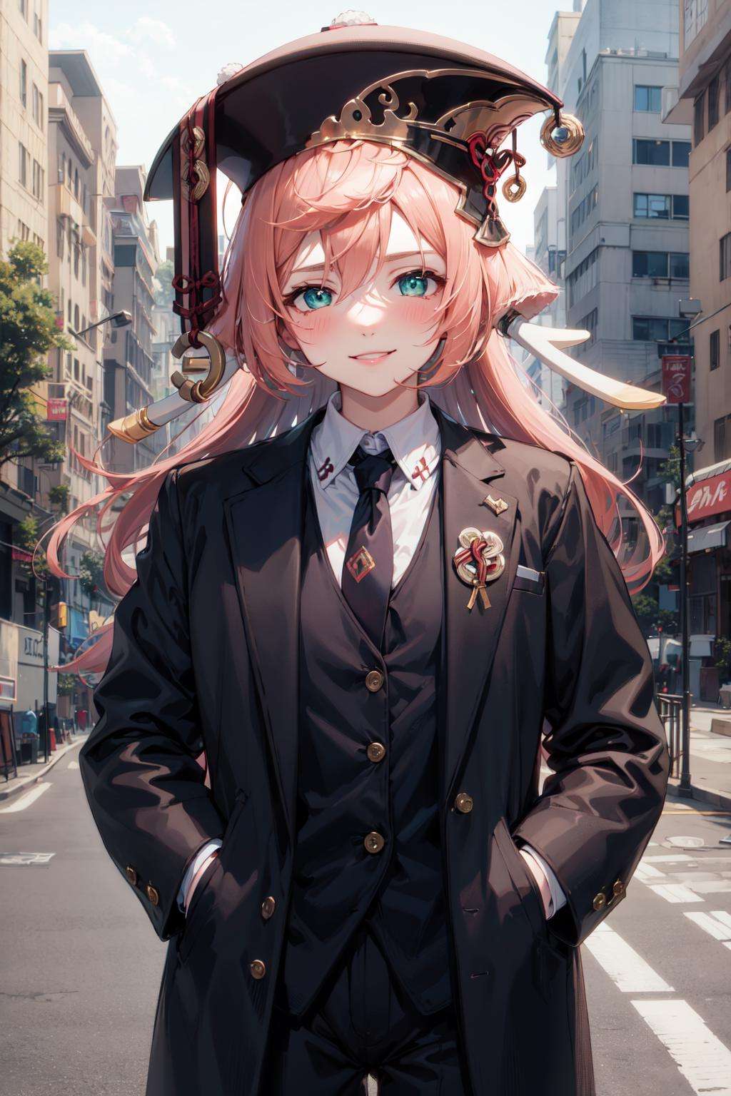 1girl, long hair, pink hair, green eyes, hat, antlers,  business suit, black pants, necktie, coat, open coat,  <lora:yanfei-03:1>, standing, hand in pocket, smile, blush, 