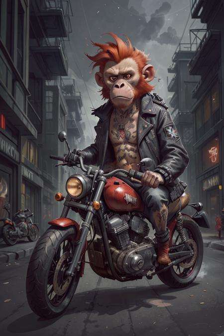 (Animal anthropomorphism), gangster theme, monkey, jacket,red hair. riding a motorcycle in dim lighting, tattoos, machine gun, smoke, shadows, corrupt cityscape