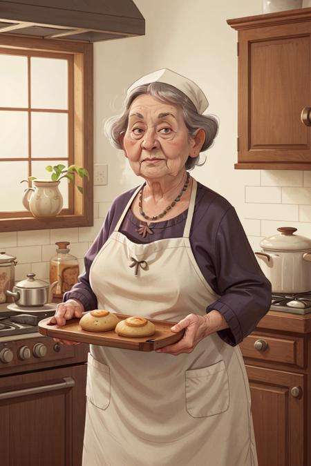 grandmother stands with rolls on a tray, in the kitchen near the stove