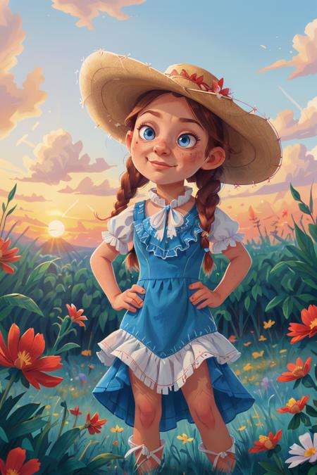 1girl, cowboy shot of beautiful red girl, hands on hips, blue eyes, blue dress with white ornate frills, braid, kokoshnik headwear, summer, flowers field, sunset, sunrays