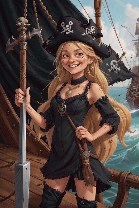 pirate capitan female 1girl smiling, (fur and black fabric) dress, necklace, on wooden ship, long wave blonde hair, detailed skin, matte skin,sword holding in hand