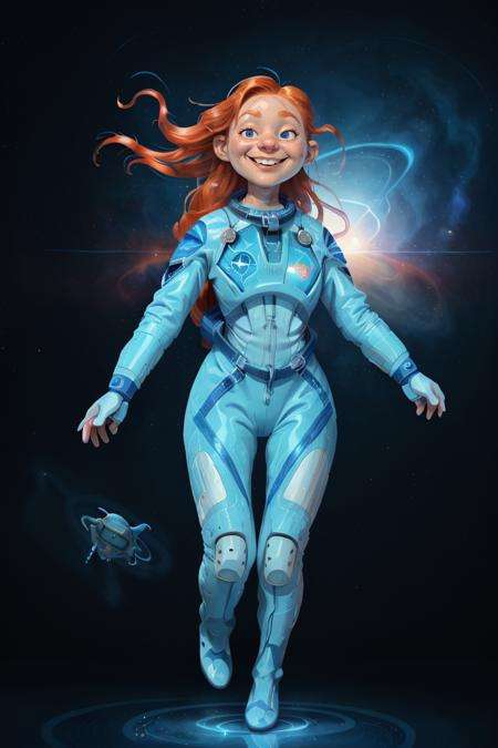 young_woman smiling, (dynamic pose), (light_blue and whie space_suit:1.3), (fluid movement), light trail, small breasts, (long wave red hair), subsurface scattering,(space on background)