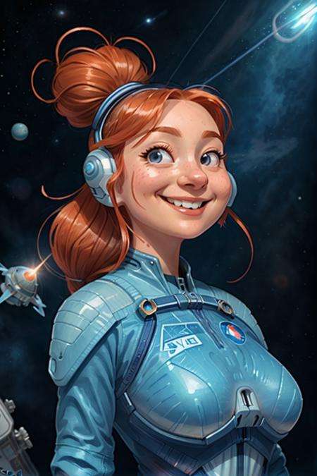 (close-up:1.4) young_woman smiling, (dynamic pose), (light_blue and whie space_suit:1.3), (fluid movement), light trail, small breasts, (long wave red hair), subsurface scattering,(space on background)