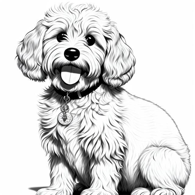 a beautiful drawing of a Sick  Petite Goldendoodle,  highest quality, art by coloring-book-style, ((white background)), b&w