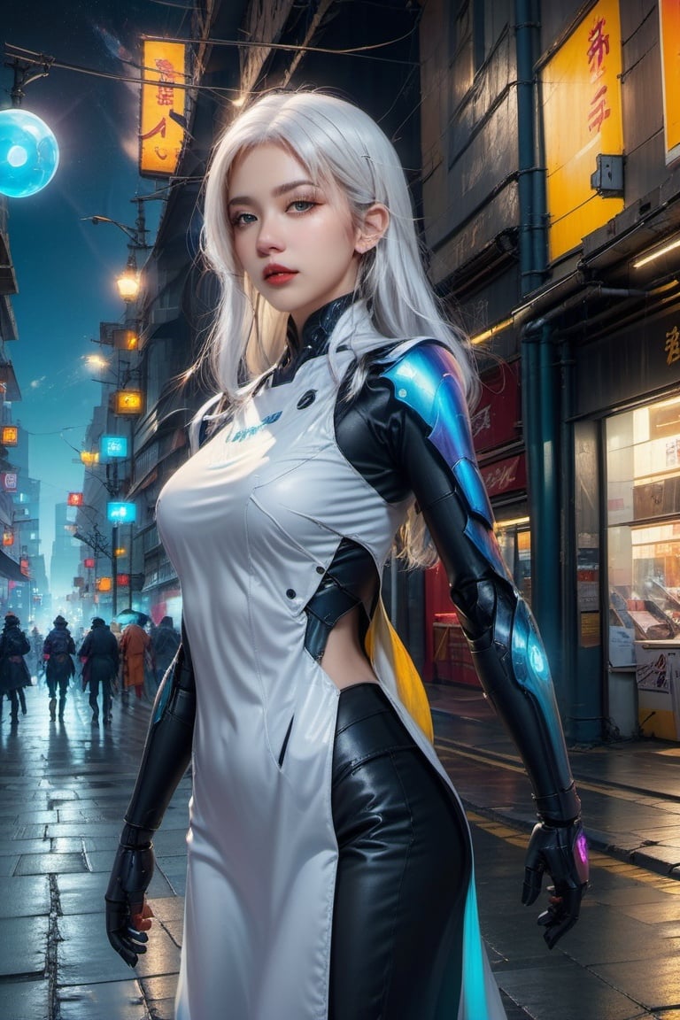 official art, unity 8k wallpaper, (ultra detailed), beautiful and aesthetic, beautiful, masterpiece, best quality, (fullbody) (1girl:1.3), (long hair, white hair:1.4), mature female, cyberpunk, mecha, sexy, iridescent eyes, starry sky, standing, (street:1.3), neon light, (wind blowing:1.3),futuristic_aodai