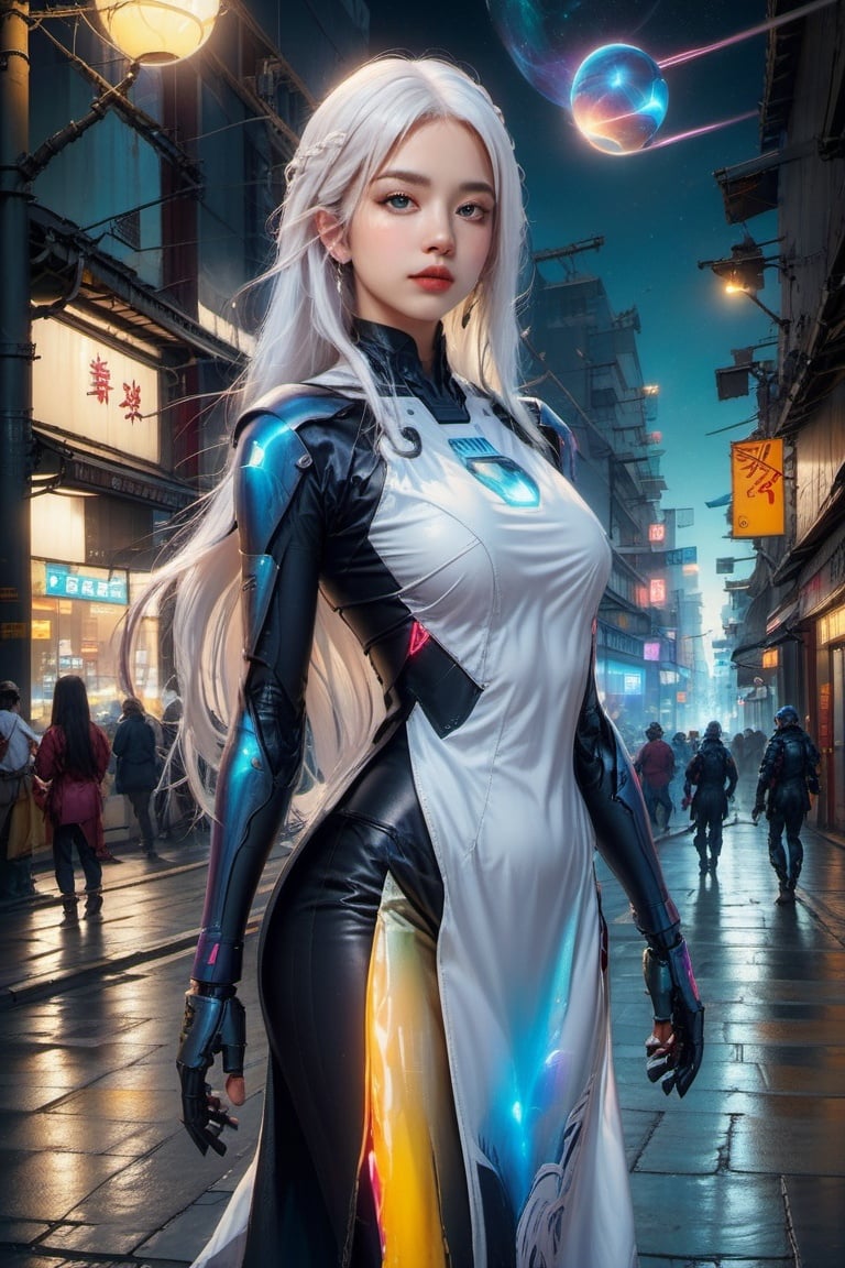 official art, unity 8k wallpaper, (ultra detailed), beautiful and aesthetic, beautiful, masterpiece, best quality, (fullbody) (1girl:1.3), (long hair, white hair:1.4), mature female, cyberpunk, mecha, sexy, iridescent eyes, starry sky, standing, (street:1.3), neon light, (wind blowing:1.3),futuristic_aodai