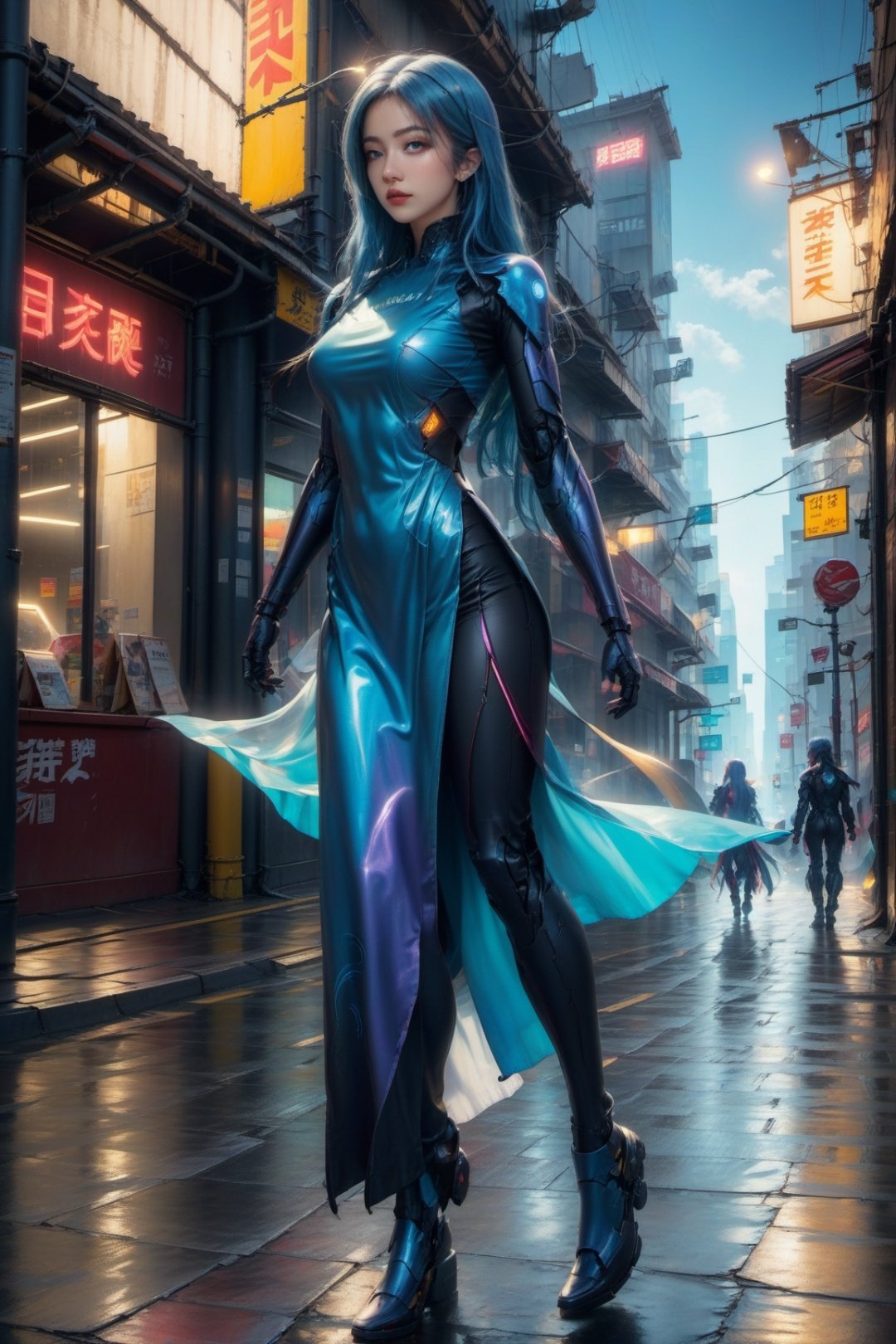 official art, unity 8k wallpaper, (ultra detailed), beautiful and aesthetic, beautiful, masterpiece, best quality, (fullbody) (1girl:1.3), (long hair, blue hair:1.4), mature female, cyberpunk, mecha, sexy, iridescent eyes, daylight, standing, (street:1.3), neon light, (wind blowing:1.3),futuristic_aodai