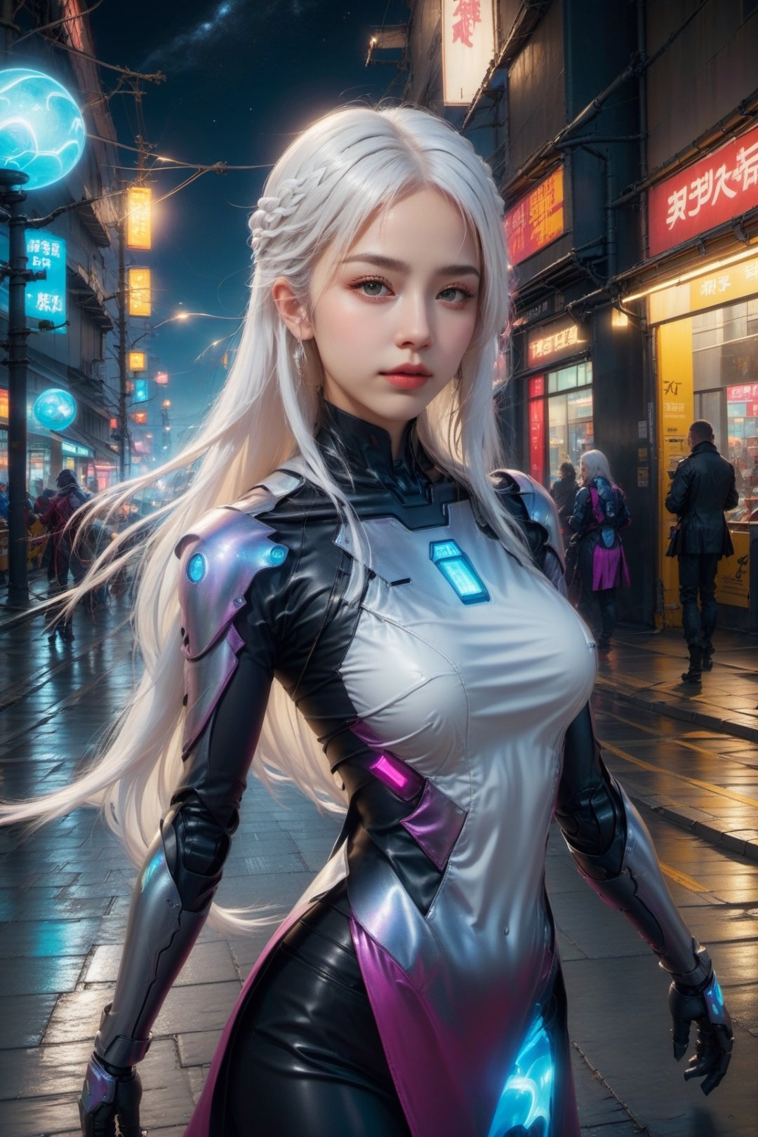 official art, unity 8k wallpaper, (ultra detailed), beautiful and aesthetic, beautiful, masterpiece, best quality, (fullbody) (1girl:1.3), (long hair, white hair:1.4), mature female, cyberpunk, mecha, sexy, iridescent eyes, starry sky, standing, (street:1.3), neon light, (wind blowing:1.3),futuristic_aodai