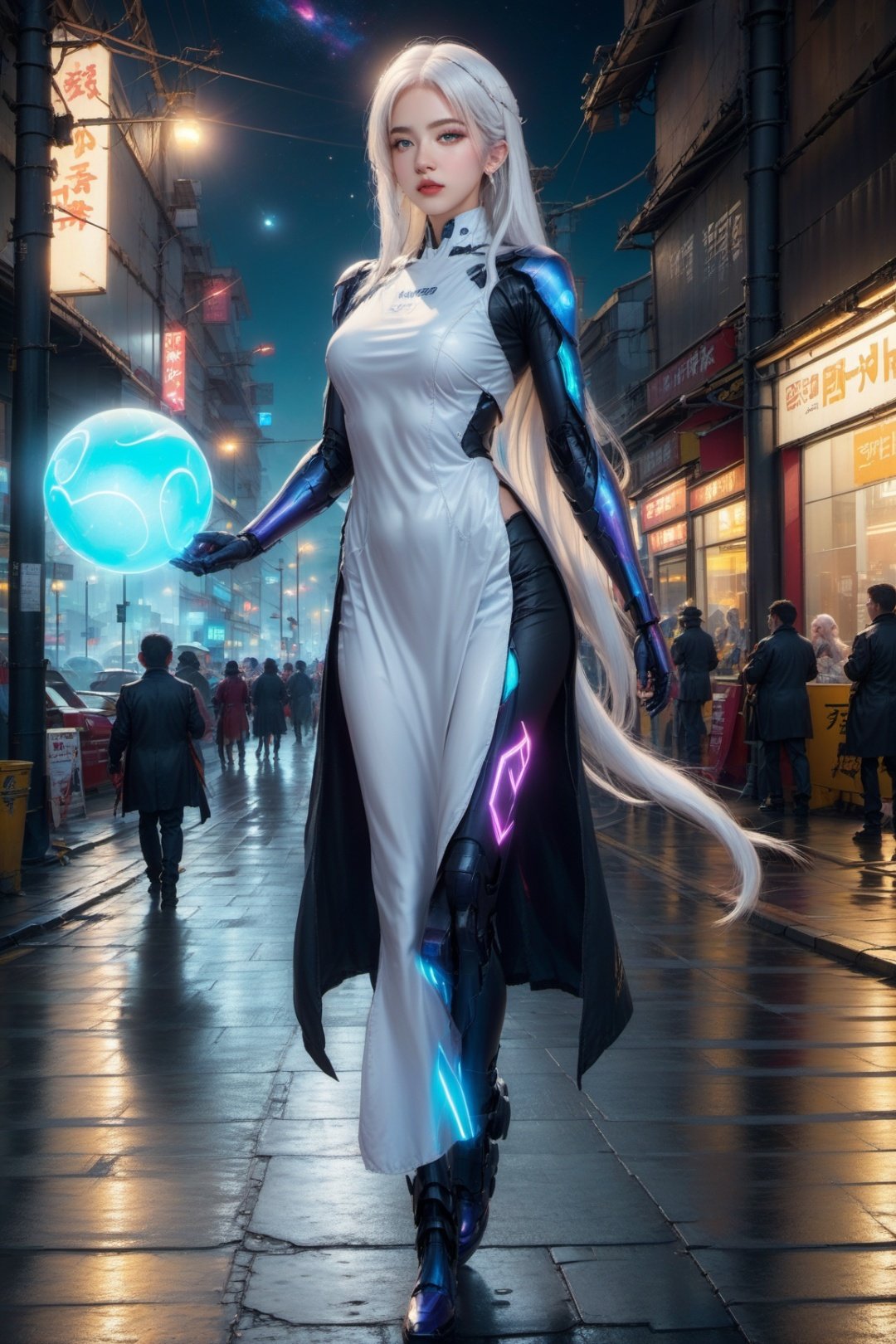 official art, unity 8k wallpaper, (ultra detailed), beautiful and aesthetic, beautiful, masterpiece, best quality, (fullbody) (1girl:1.3), (long hair, white hair:1.4), mature female, cyberpunk, mecha, sexy, iridescent eyes, starry sky, standing, (street:1.3), neon light, (wind blowing:1.3),futuristic_aodai