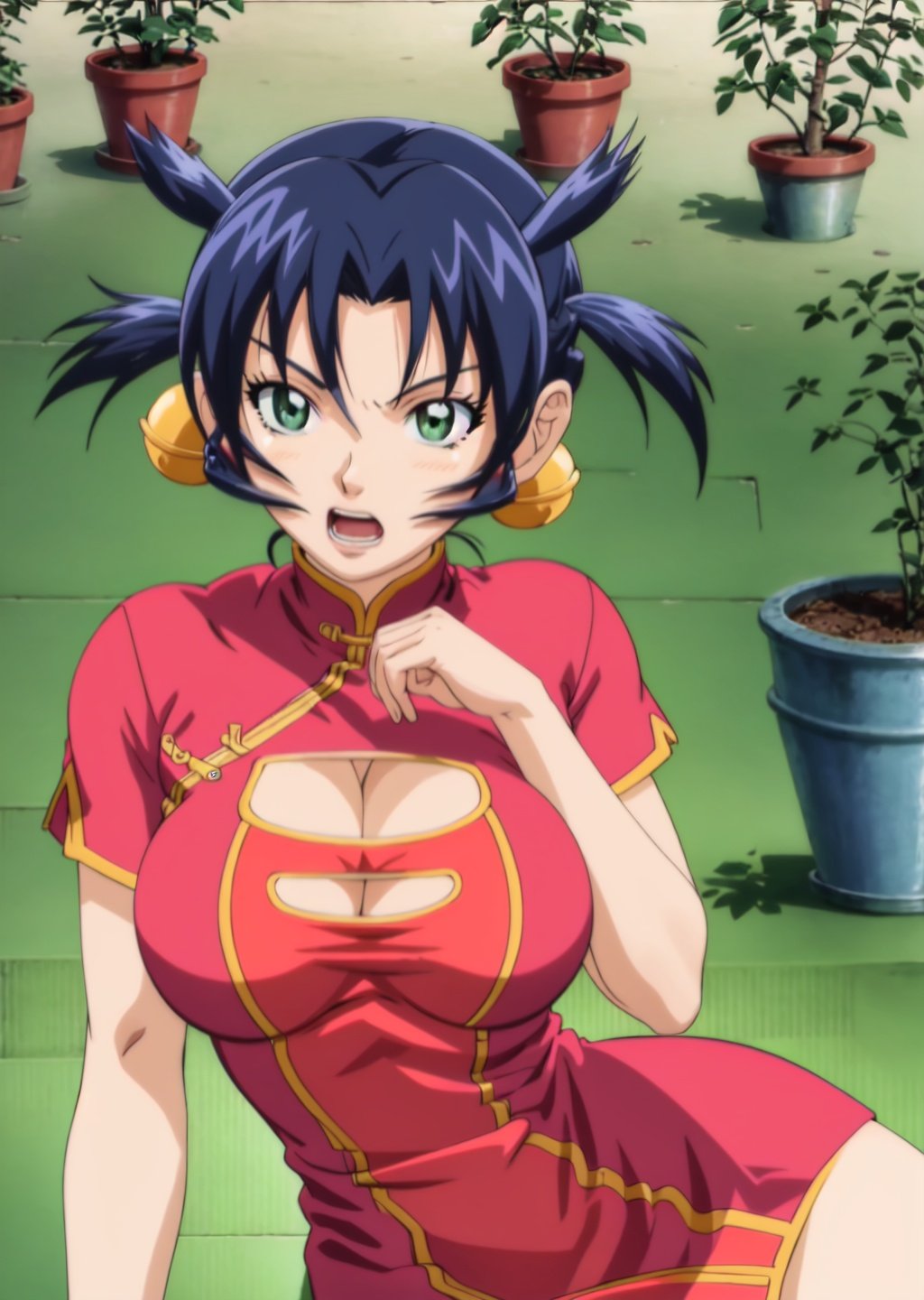 1girl, solo, breasts, short hair, open mouth, (((large breasts))), hair ornament, dress, cleavage, twintails, green eyes, blue hair, flower,  clothing cutout, bell, arm support, on side, chinese clothes, short dress, cleavage cutout, plant, china dress, on floor,  potted plant,  <lora:renka-08:1>