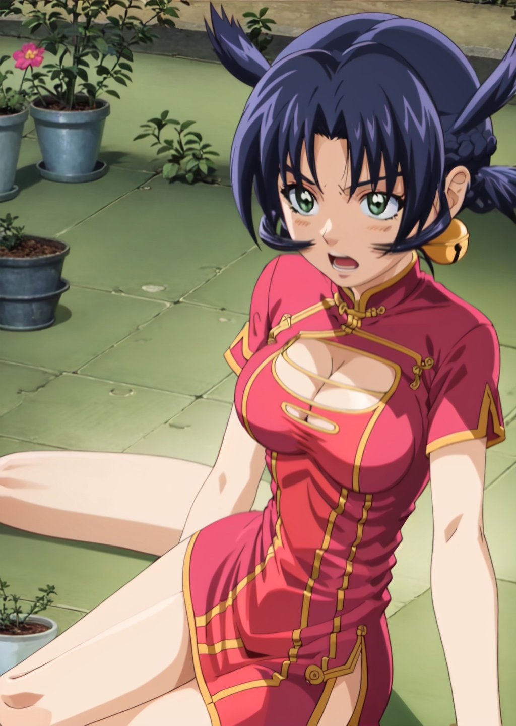 1girl, solo, breasts, short hair, open mouth, large breasts, hair ornament, dress, cleavage, twintails, green eyes, blue hair, flower, lying, book, clothing cutout, bell, arm support, on side, chinese clothes, short dress, cleavage cutout, plant, china dress, on floor, potted plant,  <lora:renka-08:1>