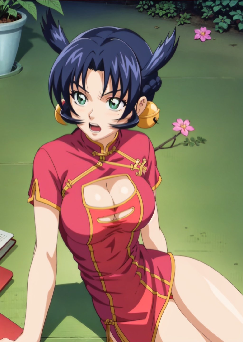 1girl, solo, breasts, short hair, open mouth, large breasts, hair ornament, dress, cleavage, twintails, green eyes, blue hair, flower, lying, book, clothing cutout, bell, arm support, on side, chinese clothes, short dress, cleavage cutout, plant, china dress, on floor, potted plant, reclining,  <lora:renka-08:1>