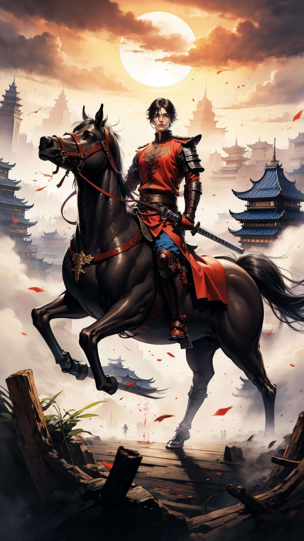 1boy,<lora:墨村:0.7>,general's sword,<lora:侠客_Chivalrous person:0.9>,on a horse,