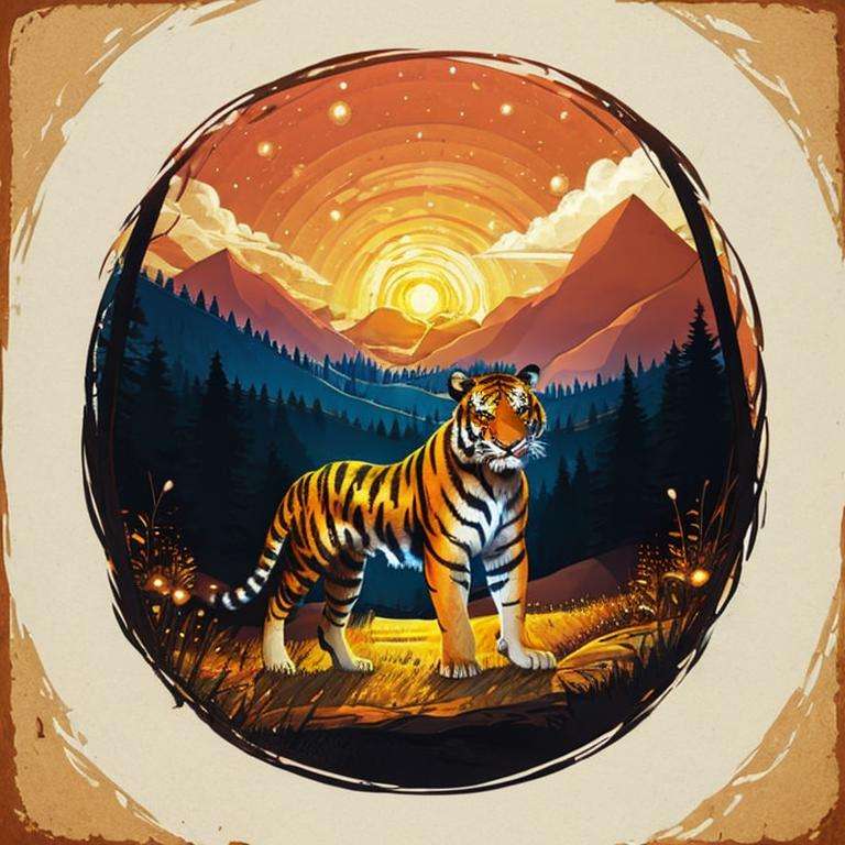 masterpiece, best best quality, Art, Circle, animals, tiger, Wide Shot, nature landscape, <lora:CircleArt_Sora:0.9>