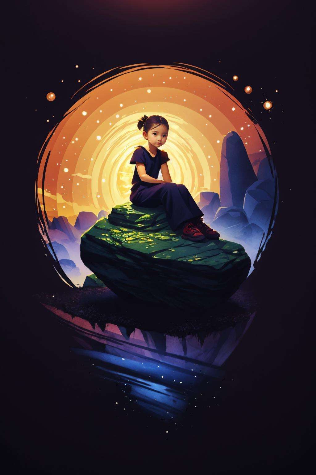 masterpiece, best best quality, Art, Circle, 1 little girl sitting on rock, look at viewer, <lora:CircleArt_Sora:0.8>