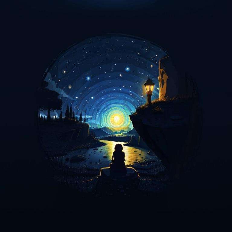 masterpiece, best best quality, Art, Circle, 1 little girl, sad, Wide Shot, night landscape, <lora:CircleArt_Sora:0.9>