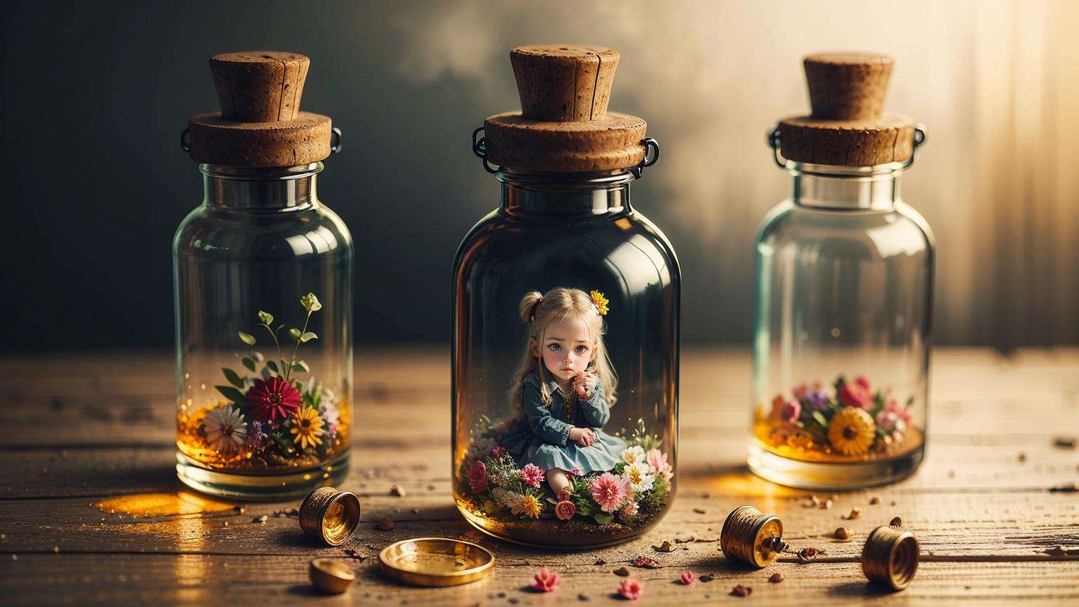 (a little girl), charming, bottle, in glass bottle, nature, flowers, masterpiece, best quality, high realistic,   <lora:Bottle_Sora:0.4>, (masterpiece,best quality:1.5)