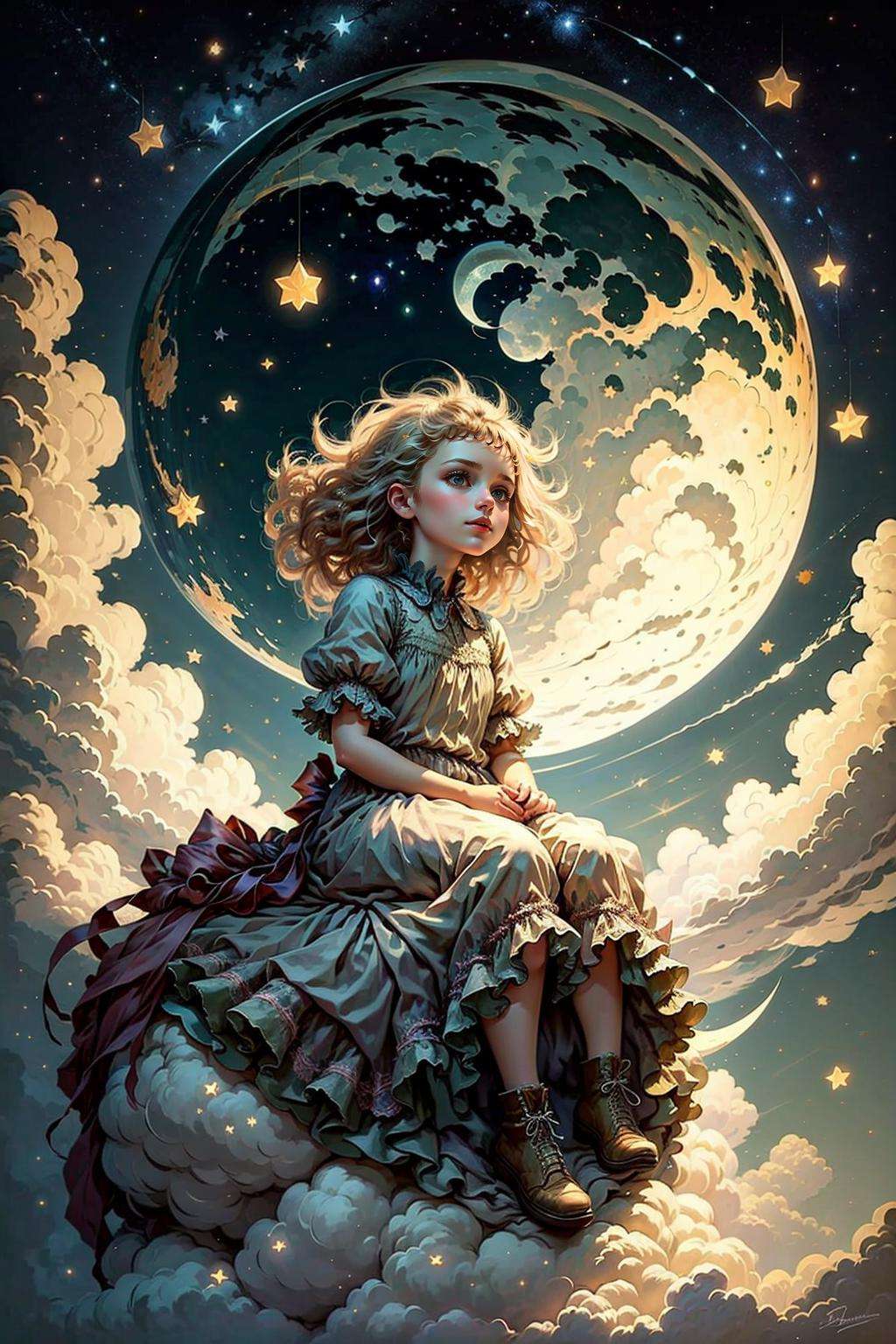 a girl, charming, short white dress, cute, sitting moon, moon, stars, clouds, masterpiece, best quality,  <lora:moon_sora:0.6>, (masterpiece,best quality:1.5)