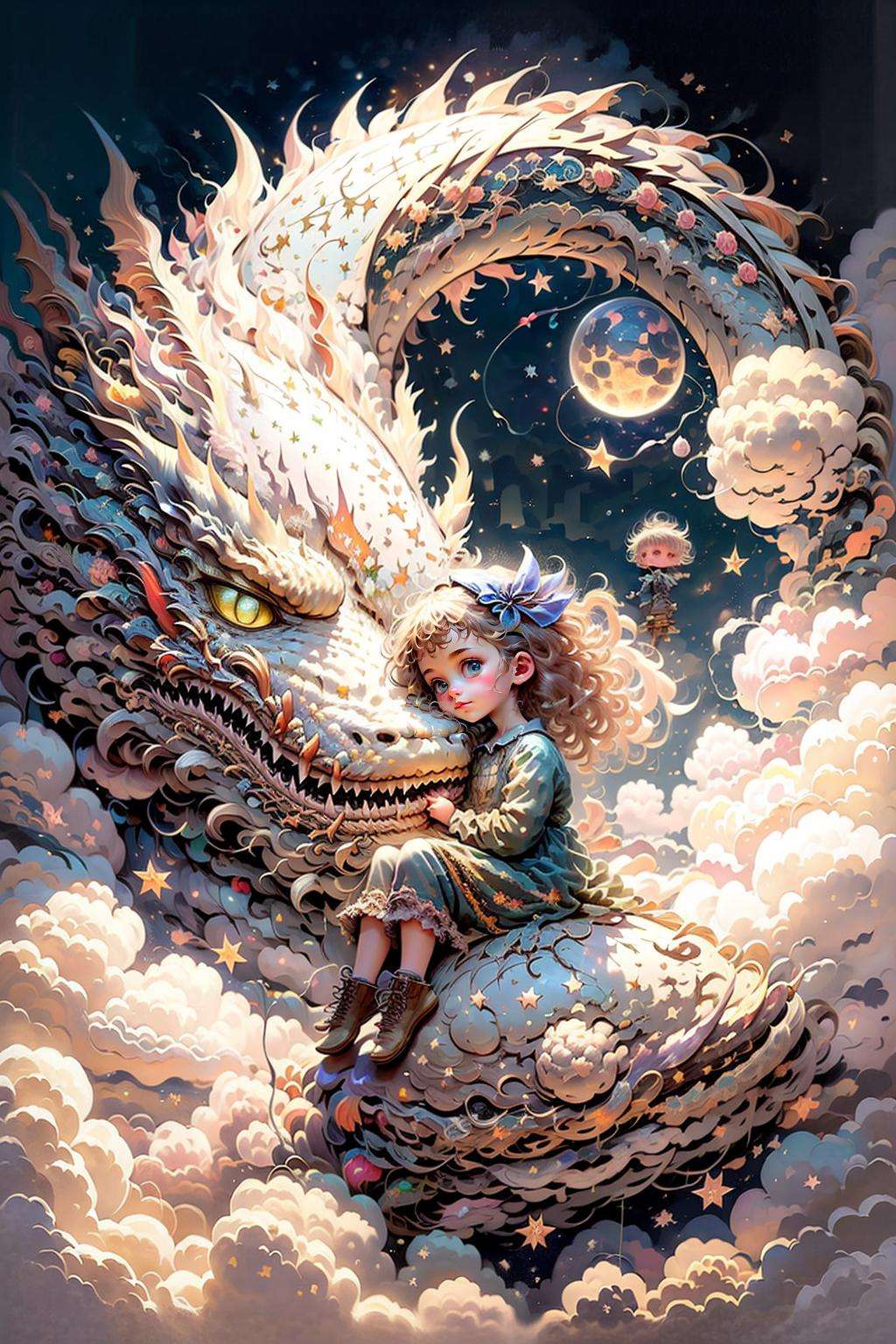(a little girl), charming, short white dress, dragon, cute, (sitting moon), moon, stars, clouds, masterpiece, best quality,  <lora:moon_sora:0.7> <lora:DragonCute:0.7>, (masterpiece,best quality:1.5)