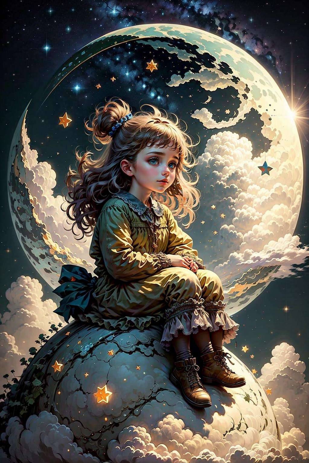 a girl, charming, cute, sitting moon, moon, stars, clouds, masterpiece, best quality,  <lora:moon_sora:0.6>, (masterpiece,best quality:1.5)