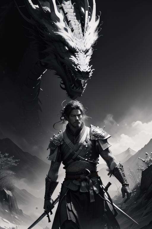 a man, bring sword, (a dragon), old house, nature background, ink, art, oil painting, mountain, sketch, (black and white background), (Highly detailed:1.2), Decorate background, masterpiece, ultrarealistic, 32k, extremely detailed CG unity 8k wallpaper, best quality <lyco:sketch_sora:0.6>