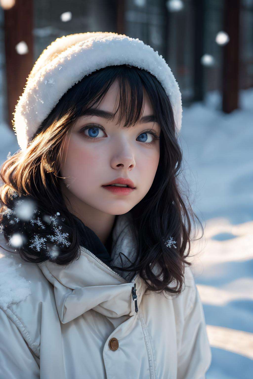 detailed illustration, natural lighting, midday, digital artwork, extremely detailed,(grainy:0.6), BREAK detailed face, blue iris, detailed eyes, detailed hair, snow, snowflakes,  <lyco:effect_Sora:0.8>,  <lora:Sora_TT2:0.8>, ultra realistic,32k,RAW photo,(high detailed skin:1.2), 8k uhd, dslr, soft lighting, high quality, film grain