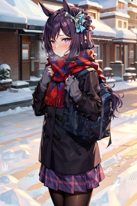 masterpiece, best quality,mejiro dober \(umamusume\),outdoors, snow, cold, blush, enpera, breath, looking at viewer,red scarf,  black coat, long sleeves, black pantyhose, purple skirt, pleated skirt, school bag, cowboy shot, winter clothes, plaid scarf, school uniform<lora:mejiro_dober_lora:0.7>