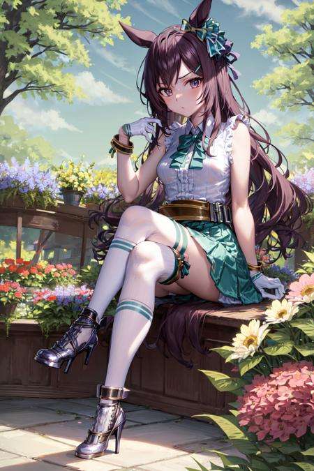 masterpiece, best quality,mejiro dober \(umamusume\),sitting, crossed legs, flowers, flowers fields,white gloves, sleeveless shirt, white shirt, center frills, collared shirt, bare shoulders, belt, pleated skirt, green skirt, thigh strap, kneehighs, white socks, high heels<lora:mejiro_dober_lora:0.8>