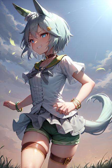 masterpiece, best quality, seiun sky \(umamusume\), white shirt, short shorts, green shorts, jewelry, choker, bracelet, thigh strap, medium skirt,serious, aura, glowing eyes, running, horizon, grass, grin, blue sky, day, from side, look away,  <lora:seiun_sky_lora:0.65>