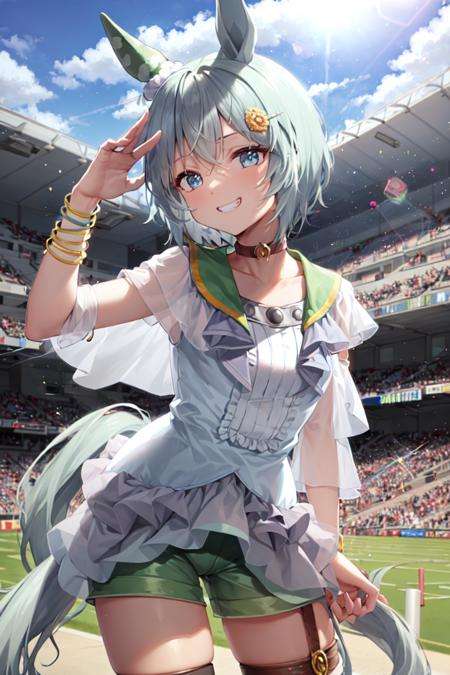 masterpiece, best quality, seiun sky \(umamusume\), white shirt, short shorts, green shorts, jewelry, choker, bracelet, thigh strap, salute, medium skirt, leaning forward, stadium, grin, blue sky, lens flare,cowboy shot,  <lora:seiun_sky_lora:0.65>