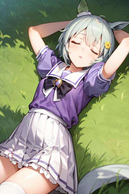 masterpiece, best quality, seiun sky \(umamusume\), tracen school uniform, summer uniform, puffy short sleeves, puffy sleeves, pleated skirt, purple shirt, sailor collar, zettai ryouiki, arms behind head, lying, sleeping, grass, <lora:seiun_sky_lora:0.65>