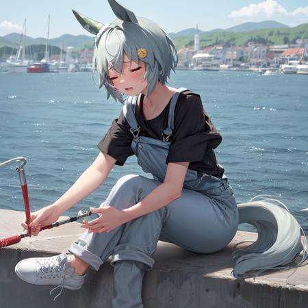 masterpiece, best quality, seiun sky \(umamusume\), suspenders pants, overalls jumpsuits, black shirt, short sleeves, white footwear, sneakers, one-side off shoulder,blue sky, yawning, closed eyes, sitting on wharf, fishing<lora:seiun_sky_lora:0.65>