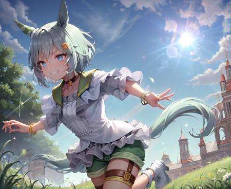 masterpiece, best quality, seiun sky \(umamusume\), white shirt, short shorts, green shorts, jewelry, choker, bracelet, thigh strap, medium skirt,serious, glowing eyes, aura, running, grass, grin, blue sky, lens flare, from side, look away, profile, <lora:seiun_sky_lora:0.65>