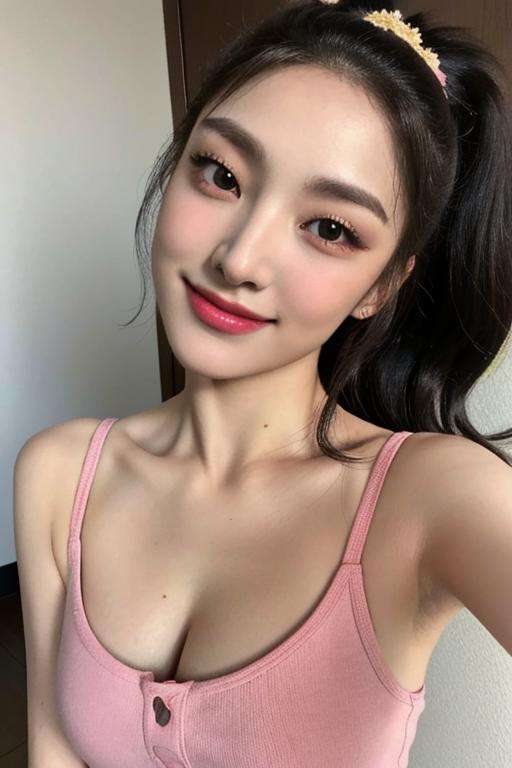 1girl,(masterpiece:1.2), (best quality:1.2), (extremely detailed),  ((cleavage)),  selfie from center front, (extremely detailed face), ultra-detailed eyes and pupils, broad shoulder, (ultra detailed), 8k, photorealistic,  pretty face, smile, instagram shot, instagram style, in the bedroom, looking at viewer, facing front, smiling, perfect skin, cinematic lighting, nipples, fair skin, black hair, high ponytail,  black eyes, portrait photo, (medium breast:1.2), slim, slender, no makeup, nikon RAW photo, 8k ,Fujifilm XT3, photorealistic, ((blonde hair)), armpits, medium breast, pink nipples, detailed face, fair skin, perfect shape, slim face, indoors, dim lighting, (looking at viewer:1.2), <lora:soeunlorashy:0.8>