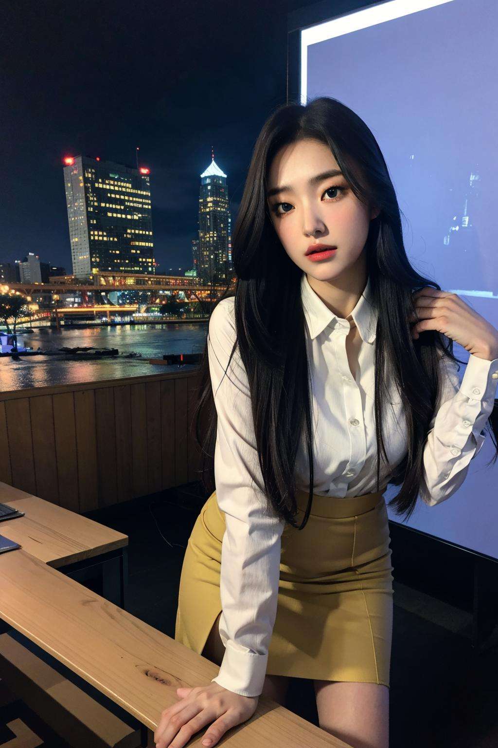 nikon RAW photo,8 k,Fujifilm XT3,close up photo, masterpiece, best quality, 1girl,solo,realistic, photorealistic, (extremely detailed face), ultra-detailed eyes and pupils, ultra detailed, serious expression, slender figure, standing against a city skyline at night, business suits,shirts,Suit skirt,  <lora:soeunlorashy:0.85>