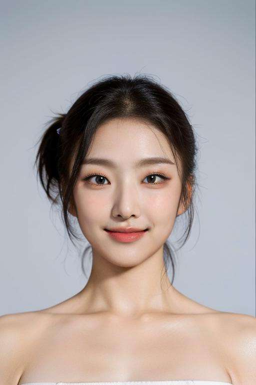 (masterpiece, top quality, best quality, (close-up photograph: 2), ((1girl)), korean, slim face, fair skin, (extremely detailed face), ultra-detailed eyes and pupils, ((bare pectorals)), ((bare chest)),  ((tube dress)), bare head, (((bare shoulders))), symmetrical frame, (((strapless))),  ((smile)), ((symmetrical pose)), (symmetrical face: 1.6), 35mm, minimal plain white background, low ponytail,  direct lighting, no watermark <lora:soeunlorashy:0.85>