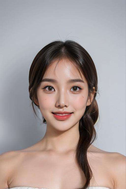 (masterpiece, top quality, best quality, (close-up photograph: 2), ((1girl)), korean, slim face, fair skin, (extremely detailed face), ultra-detailed eyes and pupils, ((bare pectorals)), ((bare chest)), ((tube dress)), bare head, (((bare shoulders))), symmetrical frame, (((strapless))), ((smile)), ((symmetrical pose)), (symmetrical face: 1.6), 35mm, minimal plain white background, low ponytail, direct lighting, no watermark <lora:soojinlorashy:0.95>