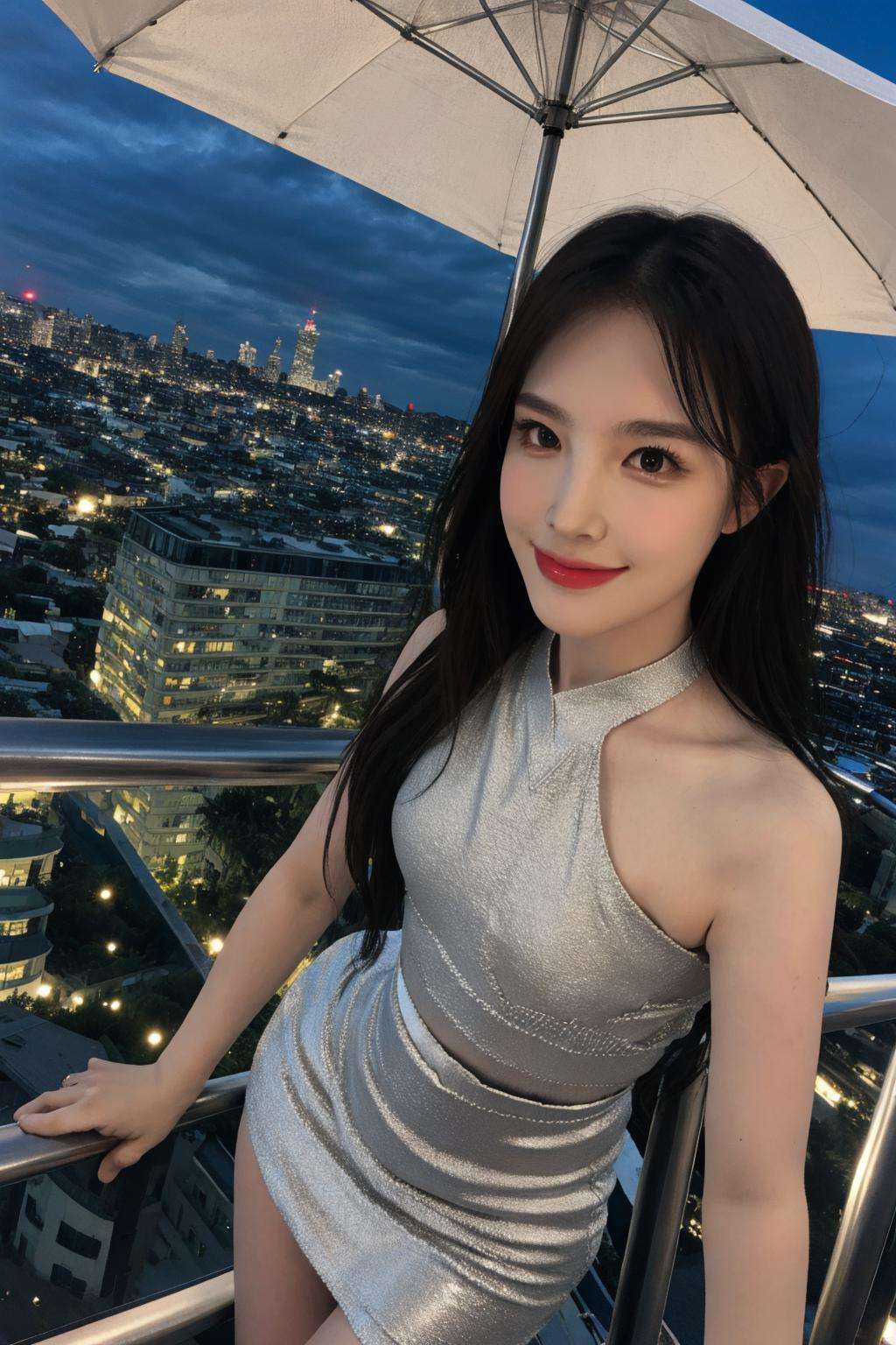 nikon RAW photo,8 k,Fujifilm XT3,close up photo, masterpiece, best quality, 1girl,solo,realistic, broad shoulder, photorealistic, (extremely detailed face), ultra-detailed eyes and pupils, ultra detailed, serious expression, slender figure, standing against a city skyline at night, (night), tight dress, sleeveless, tiny waist, big hip, smile, front flash, perfect lighting, <lora:jaeheelorashy:1>