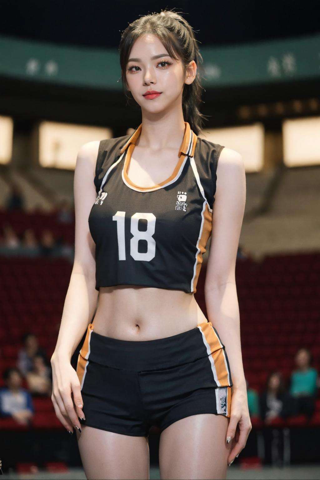 ((1girl)), thighs, eyeliner, angle from below, ((small breast)), looking at viewer, broad shoulder, eyelashes, perfect face, perfect skin, ((ultra-detailed eyes)), dim lighting, ((bokeh)), ((indoor stadium)), sleeveless,  ((crop top)) , ((abs)), (masterpiece, high quality:1.2), ((arms behind back)),  bare face, numbered jersey, ((ponytail)), ((black jersey)), ((low saturated)), (low contrast), smile, <lora:haikyuu:1>, <lora:karinalorashy:0.85>