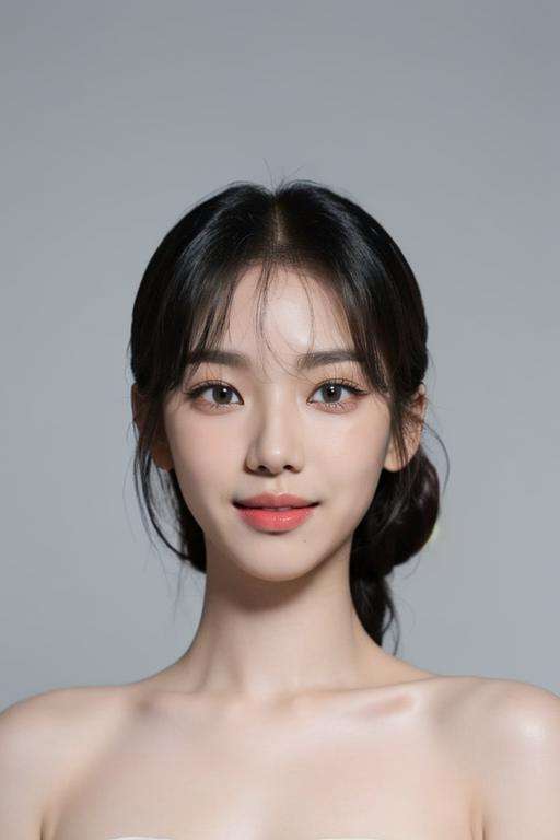 (masterpiece, top quality, best quality, (close-up photograph: 2), ((1girl)), korean, slim face, fair skin, (extremely detailed face), ((looking at viewer)),  (ultra-detailed eyes and pupils), ((bare pectorals)), ((bare chest)), ((tube dress)), bare head, (((bare shoulders))), symmetrical frame, (((strapless))), ((smile)), ((symmetrical pose)), (symmetrical face: 1.6), 35mm, minimal plain white background, direct lighting, long hair, bangs, no watermark <lora:karinalorashy:0.85>