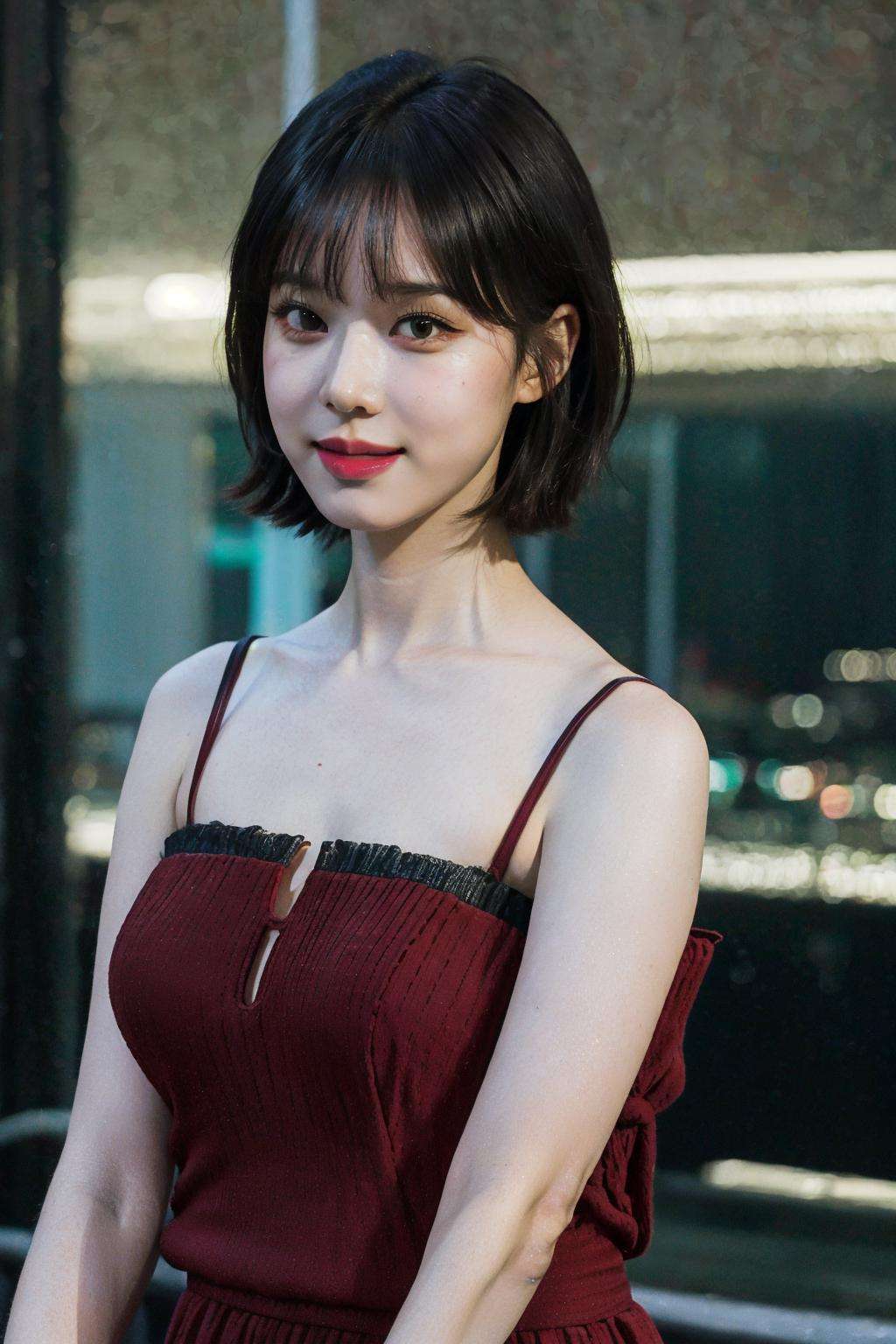 nikon RAW photo,8 k,Fujifilm XT3,close up photo, masterpiece, best quality, 1girl,solo,realistic, broad shoulder, photorealistic, (extremely detailed face), ultra-detailed eyes and pupils, ultra detailed, serious expression, bangs, standing against a city skyline at night, ((night)), tight dress, sleeveless, big hip, smile, <lora:winterlorashy:0.85>