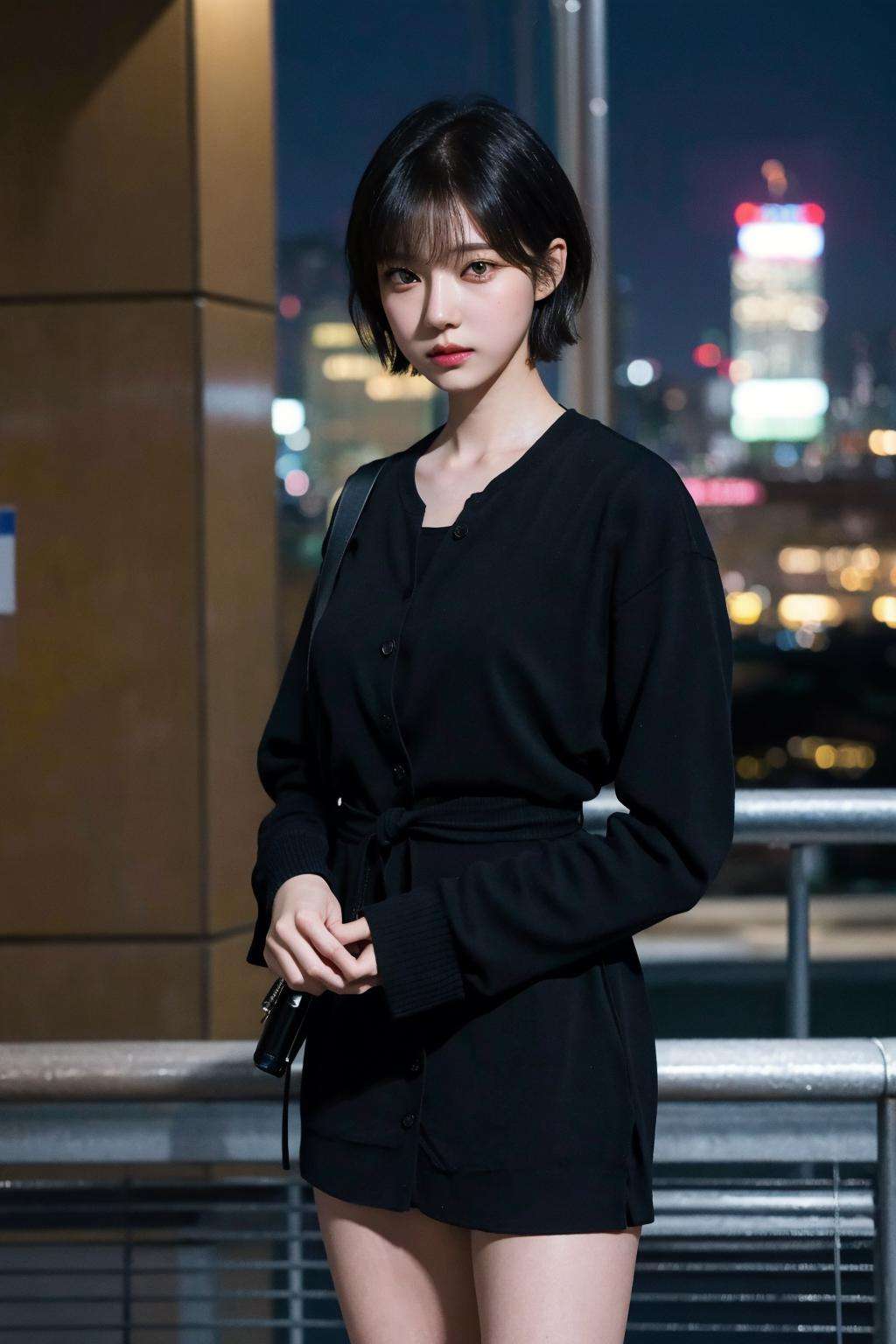 nikon RAW photo,8 k,Fujifilm XT3,close up photo, masterpiece, best quality, 1girl,solo,realistic, photorealistic, (extremely detailed face), ((ultra-detailed eyes and pupils)), short hair, bangs, ultra detailed, serious expression, slender figure, standing against a city skyline at night, business suits,shirts,Suit skirt, <lora:winterlorashy:0.85>