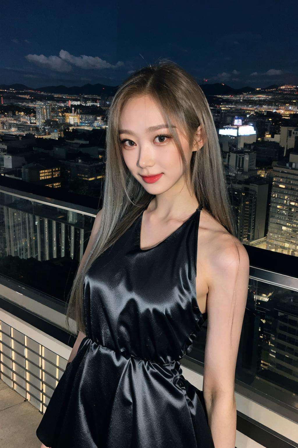 nikon RAW photo,8 k,Fujifilm XT3,close up photo, masterpiece, best quality, 1girl,solo,realistic, photorealistic, (extremely detailed face), ultra-detailed eyes and pupils, ultra detailed, serious expression, slender figure, standing against a city skyline at night, tight dress, sleeveless, tiny waist, big hip, smile, <lora:gisellelorashy:1>