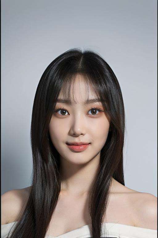 (masterpiece, top quality, best quality, (close-up photograph: 2), ((1girl)), korean, slim face, fair skin, (extremely detailed face), ((looking at viewer)),  (ultra-detailed eyes and pupils), ((bare pectorals)), ((bare chest)), ((tube dress)), bare head, (((bare shoulders))), symmetrical frame, (((strapless))), (((smile))), ((closed mouth)),  ((symmetrical pose)), (symmetrical face: 1.6), 35mm, minimal plain white background, direct lighting, long hair, bangs, no watermark <lora:gisellelorashy:0.85>